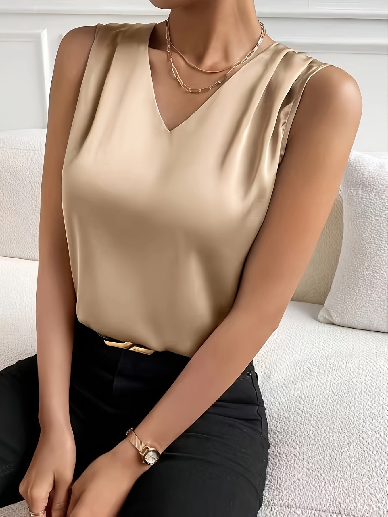 Casual V Neck Sleeveless Silk Top For Summer Women - DIANASILK