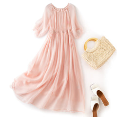 Luxury 100% Silk Pleated Maxi Dress with Sheer Puff Sleeves