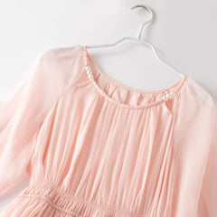 Luxury 100% Silk Pleated Maxi Dress with Sheer Puff Sleeves