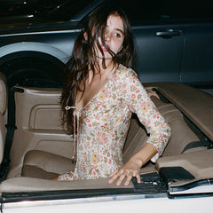 100% Silk Floral Mini Short French Vintage Dress with Lace-Up Front Detail