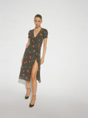 100% Silk Cherry Printed Wrap Retro Style Short Sleeve Maxi Dress