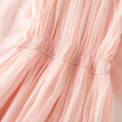 Luxury 100% Silk Pleated Maxi Dress with Sheer Puff Sleeves