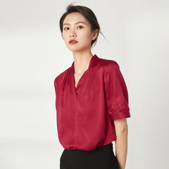 Women Casual V Neck Silk Top Short Sleeves Silk Blouse - DIANASILK