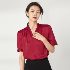 Women Casual V Neck Silk Top Short Sleeves Silk Blouse - DIANASILK