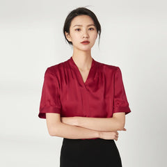 Women Casual V Neck Silk Top Short Sleeves Silk Blouse - DIANASILK