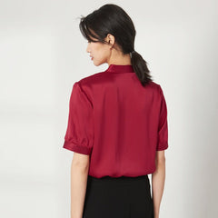 Women Casual V Neck Silk Top Short Sleeves Silk Blouse - DIANASILK