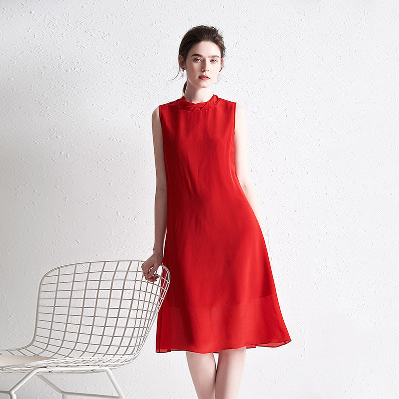 Red A-Line Sleeveless Silk Dress with Ruffle Neck and Back Bow - DIANASILK
