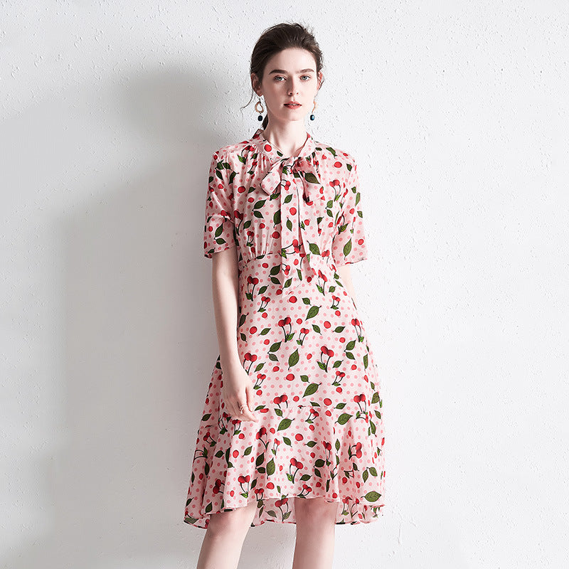 Cherry Print Silk Midi Dress with Neck Tie and Flared Hem - DIANASILK