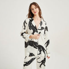 Luxury Panther printed Silk Pajama Set Long Silk Sleepwear