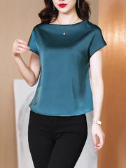 Casual Crew Neck Short Sleeve Silk Top Women's Clothing - DIANASILK
