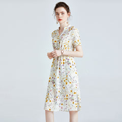 Summer Floral Printed Shirt Dress with Drawstring Waist - DIANASILK