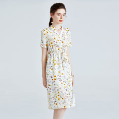 Summer Floral Printed Shirt Dress with Drawstring Waist - DIANASILK