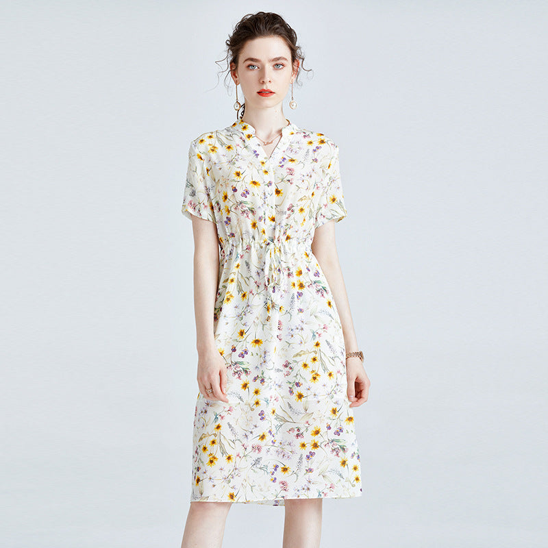 Summer Floral Printed Shirt Dress with Drawstring Waist - DIANASILK