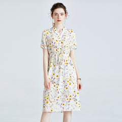 Summer Floral Printed Shirt Dress with Drawstring Waist - DIANASILK