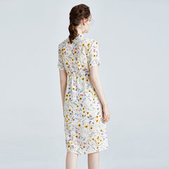 Summer Floral Printed Shirt Dress with Drawstring Waist - DIANASILK
