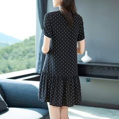 Black Printed Short Sleeves Silk Mini Dress with Ruffle Hem - DIANASILK