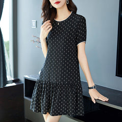 Black Printed Short Sleeves Silk Mini Dress with Ruffle Hem - DIANASILK