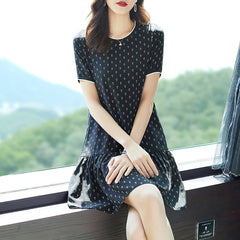 Black Printed Short Sleeves Silk Mini Dress with Ruffle Hem - DIANASILK