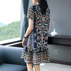 Printed Silk Short Sleeve Dress with Ruffle Hem - DIANASILK