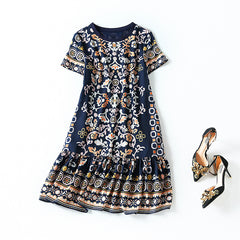 Printed Silk Short Sleeve Dress with Ruffle Hem - DIANASILK