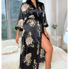 Women Floral Print Silk Robe Deep V Neck Luxury Silk Nightwear - DIANASILK