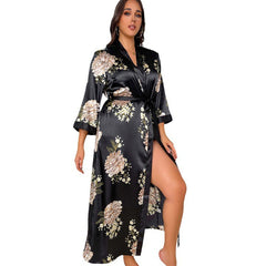 Women Floral Print Silk Robe Deep V Neck Luxury Silk Nightwear - DIANASILK