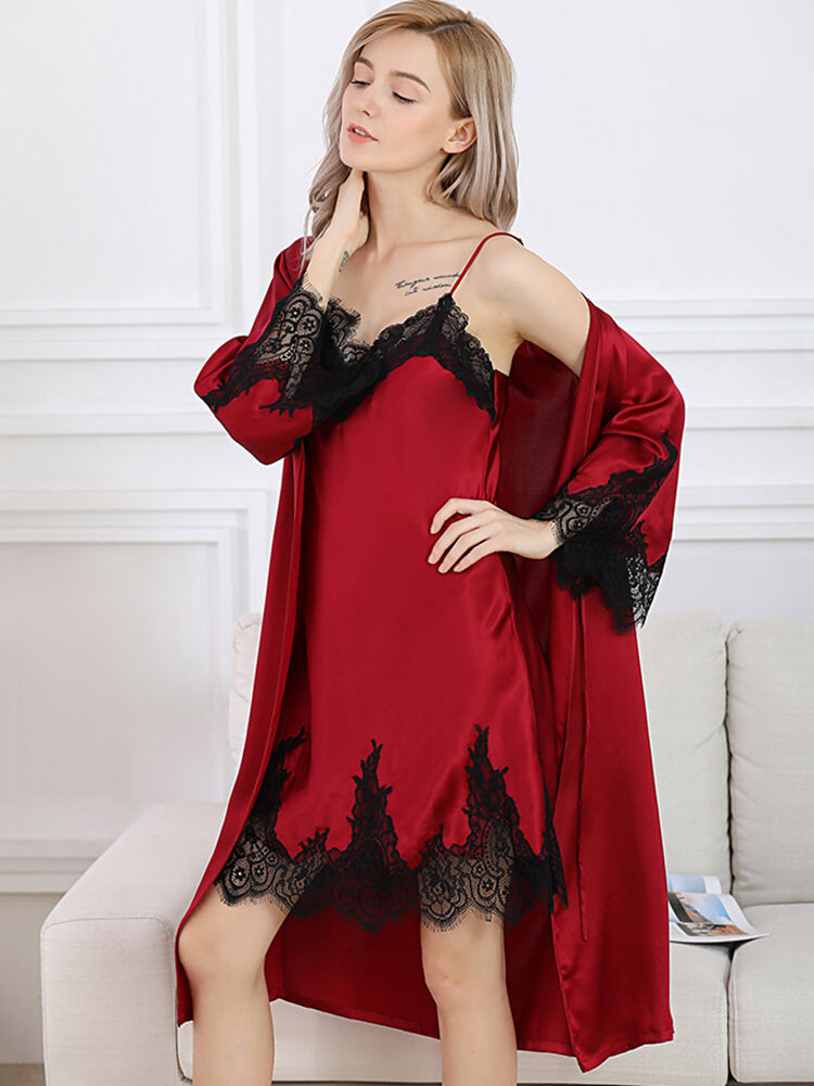 Lace Long Silk Chemise and Robe Set - DIANASILK