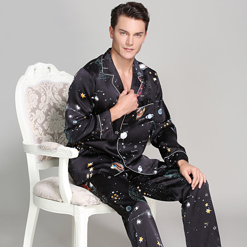 Long Galaxy Print Men Silk Pajama Set Luxury Silk Nightwear - DIANASILK