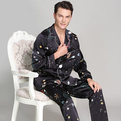 Long Galaxy Print Men Silk Pajama Set Luxury Silk Nightwear - DIANASILK