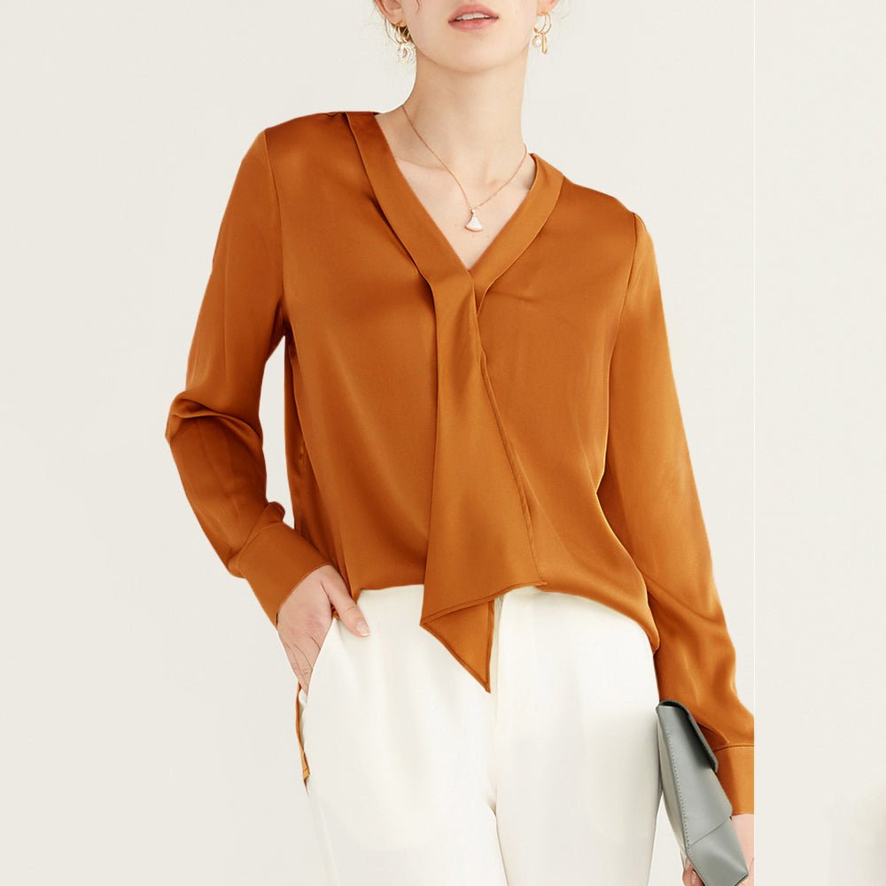 22 Momme V Neck & Ribbon Elegant Long Sleeves Silk Blouse For Women - DIANASILK