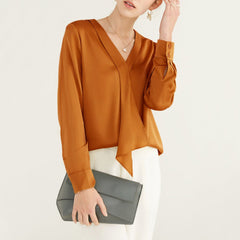 22 Momme V Neck & Ribbon Elegant Long Sleeves Silk Blouse For Women - DIANASILK
