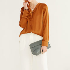 22 Momme V Neck & Ribbon Elegant Long Sleeves Silk Blouse For Women - DIANASILK