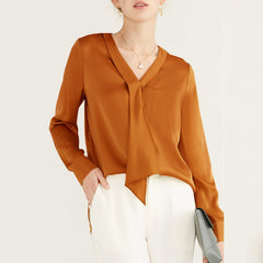 22 Momme V Neck & Ribbon Elegant Long Sleeves Silk Blouse For Women - DIANASILK