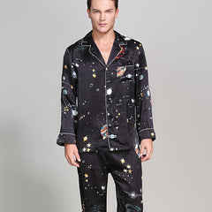 Long Galaxy Print Men Silk Pajama Set Luxury Silk Nightwear - DIANASILK