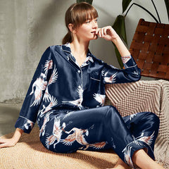 Women's Crane Printed 100% Silk Pajama Set Luxury Sleepwear