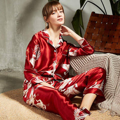 Women's Crane Printed 100% Silk Pajama Set Luxury Sleepwear
