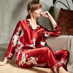 Women's Crane Printed 100% Silk Pajama Set Luxury Sleepwear