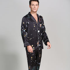 Long Galaxy Print Men Silk Pajama Set Luxury Silk Nightwear - DIANASILK