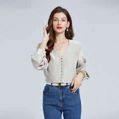 100% Mulberry Silk Shirts Women Long Sleeve V Neck Silk Blouse - DIANASILK