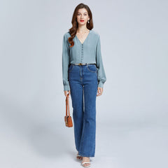 100% Mulberry Silk Shirts Women Long Sleeve V Neck Silk Blouse - DIANASILK