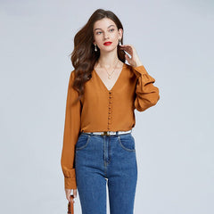 100% Mulberry Silk Shirts Women Long Sleeve V Neck Silk Blouse - DIANASILK