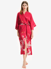 Womens Claret Crane Printed Silk Kimono Robe Long Silk Robes - DIANASILK