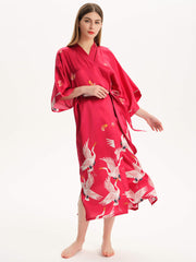 Womens Claret Crane Printed Silk Kimono Robe Long Silk Robes - DIANASILK