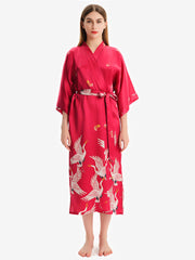 Womens Claret Crane Printed Silk Kimono Robe Long Silk Robes - DIANASILK