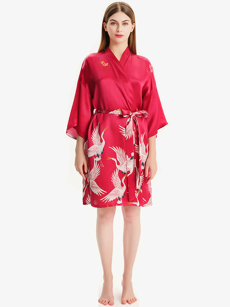 Women Hand Painted Red Crane Short Silk Kimono Robe - DIANASILK