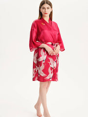Women Hand Painted Red Crane Short Silk Kimono Robe - DIANASILK