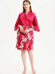 Women Hand Painted Red Crane Short Silk Kimono Robe - DIANASILK