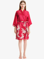 Women Hand Painted Red Crane Short Silk Kimono Robe - DIANASILK