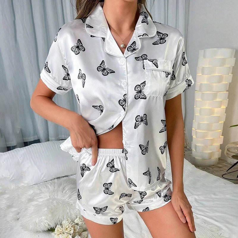 Luxury Butterfly Print Short Silk Pajamas Set Sleepwear For Women - DIANASILK