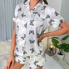 Luxury Butterfly Print Short Silk Pajamas Set Sleepwear For Women - DIANASILK